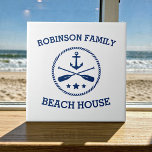Your Beach House Family Name Anchor Oars Stars Tile<br><div class="desc">Stylish ceramic tiles with your personalized family name or other text, a custom nautical boat anchor with crossed oars and stars in navy blue on white or choose background colours to match your decor.</div>