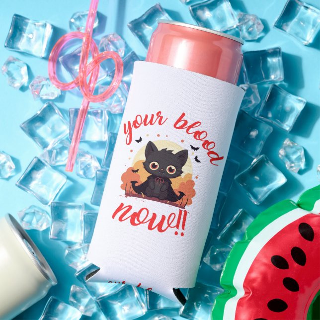 YOUR BLOOD NOW!! - Vampire kitten Seltzer Can Cooler (In Situ Summer)