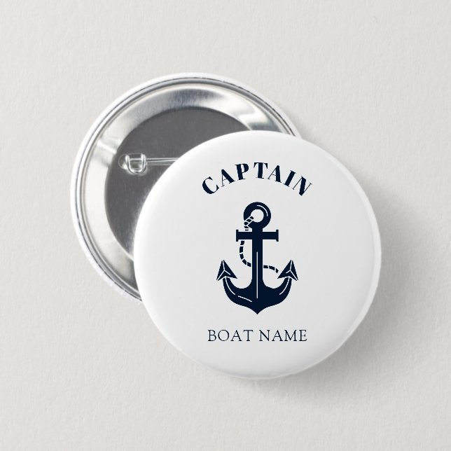 Your Boat Name Anchor Blue Captain 2 Inch Round Button (Front & Back)