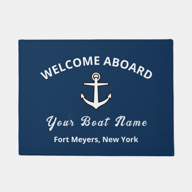 Your Boat Name Anchor Blue Welcome Aboard Doormat (Front)