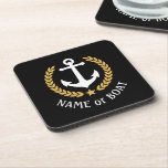 Your Boat Name Anchor Elegant Gold Laurel Black Coaster<br><div class="desc">An elegant set of nautical themed cork back beverage coasters with your personalized boat name,  family name or other desired text. Features a custom designed boat anchor with gold style laurel leaves and a star on black or easily customize the base color to match your current decor or theme.</div>