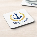 Your Boat Name Anchor Elegant Gold Laurel White Coaster<br><div class="desc">An elegant set of nautical themed cork back beverage coasters with your personalized boat name,  family name or other desired text. Features a custom designed boat anchor with gold style laurel leaves and a star on white or easily customize the base colour to match your current decor or theme.</div>