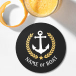 Your Boat Name Anchor Gold Laurel Star Black Round Paper Coaster<br><div class="desc">A nautical themed,  personalized set of round paper coasters with your boat name,  family name or other desired text as needed. Featuring a custom designed vintage boat anchor,  gold style laurel leaves and star emblem on black or easily adjust the primary colour to match your current theme.</div>