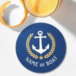Your Boat Name Anchor Gold Laurel Star Blue Round Paper Coaster<br><div class="desc">A nautical themed,  personalized set of round paper coasters with your boat name,  family name or other desired text as needed. Featuring a custom designed vintage boat anchor,  gold style laurel leaves and star emblem on navy blue or easily adjust the primary colour to match your current theme.</div>