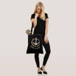 Your Boat Name Anchor Gold Laurel Star Large Black Tote Bag<br><div class="desc">A stylish tote bag with your personalized name, boat name or other desired text. Features a custom designed nautical boat anchor with gold style laurel leaves and star on black. Easily customize the base colour to match your current decor or theme. Reusable and great for vacation, shopping and travelling. The...</div>