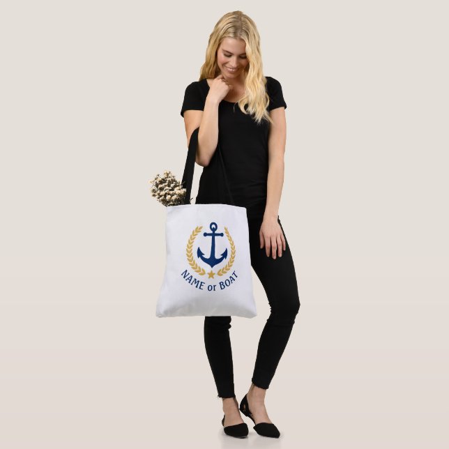 Your Boat Name Anchor Gold Laurel Star Large White Tote Bag (On Model)