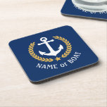 Your Boat Name Anchor Gold Laurel Star Navy Coaster<br><div class="desc">A set of nautical themed cork back beverage coasters with your personalized boat name, family name or other desired text. Features a custom designed boat anchor with gold style laurel leaves and a star on classic navy blue or easily customize the base colour to match your current decor or theme....</div>