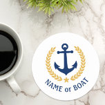 Your Boat Name Anchor Gold Laurel Star White Round Paper Coaster<br><div class="desc">A nautical themed,  personalized set of round paper coasters with your boat name,  family name or other desired text as needed. Featuring a custom designed vintage boat anchor,  gold style laurel leaves and star emblem on white or easily adjust the primary colour to match your current theme.</div>