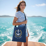 Your Boat Name Anchor Gold Style Laurel Blue Crossbody Bag<br><div class="desc">A stylish cross-body tote bag with your personalized name, boat name or other desired text. Features a custom designed nautical boat anchor with gold style laurel leaves and star on navy blue. Easily customize the base colour to match your current decor or theme. Reusable and great for vacation, shopping and...</div>