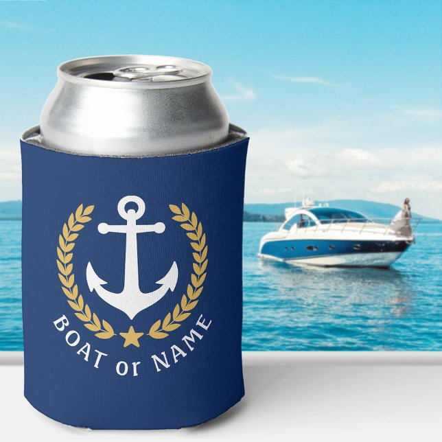 Your Boat Name Anchor Gold Style Laurel Navy Blue Can Cooler (Edit the design to easily change the primary color if needed.)