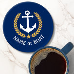 Your Boat Name Anchor Gold Style Laurel Navy Blue Coaster Set<br><div class="desc">A stylish set of nautical themed acrylic coasters with your personalized boat name,  family name or other desired text. Features a custom designed boat anchor with gold style laurel leaves and a star on classic navy blue or easily customize the base colour to match your current decor or theme.</div>
