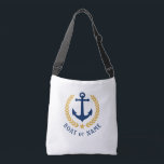 Your Boat Name Anchor Gold Style Laurel white Crossbody Bag<br><div class="desc">A stylish cross-body tote bag with your personalized name, boat name or other desired text. Features a custom designed nautical boat anchor with gold style laurel leaves and star on white. Easily customize the base colour to match your current decor or theme. Reusable and great for vacation, shopping and travelling....</div>