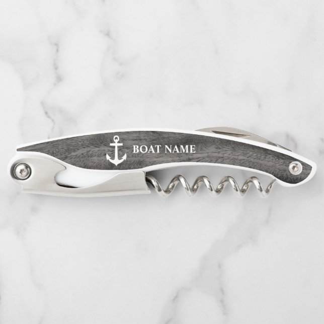 Your Boat Name Anchor Grey Wood Style Corkscrew (Front)