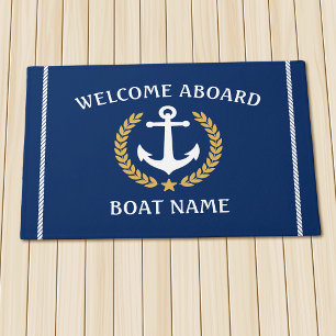 Your Boat Name Anchor Laurel Welcome Aboard Navy Doormat