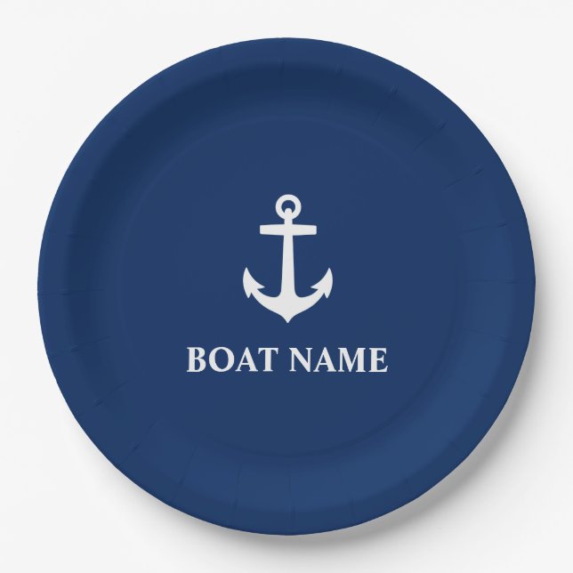 Your Boat Name Anchor Navy Blue 9" Paper Plate (Front)