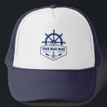 Your Boat Name Anchor Oars Helm Stars in Navy Blue Trucker Hat<br><div class="desc">Nautical Anchor Oars,  Ships wheel Helm and Stars with Your Personalized Boat Name or other Text on a Stylish Trucker Hat.</div>