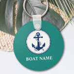Your Boat Name Anchor & Rope Keychain<br><div class="desc">A personalized nautical themed keychain with your boat name, family name or other desired text. This unique design features a custom made boat anchor emblem with rope in classic navy blue and accented on a chic white circle all on a background of beautiful teal blue. If needed, background colour can...</div>