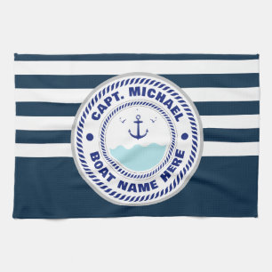 Your Boat Name Anchor Welcome Aboard Blue white    Kitchen Towel