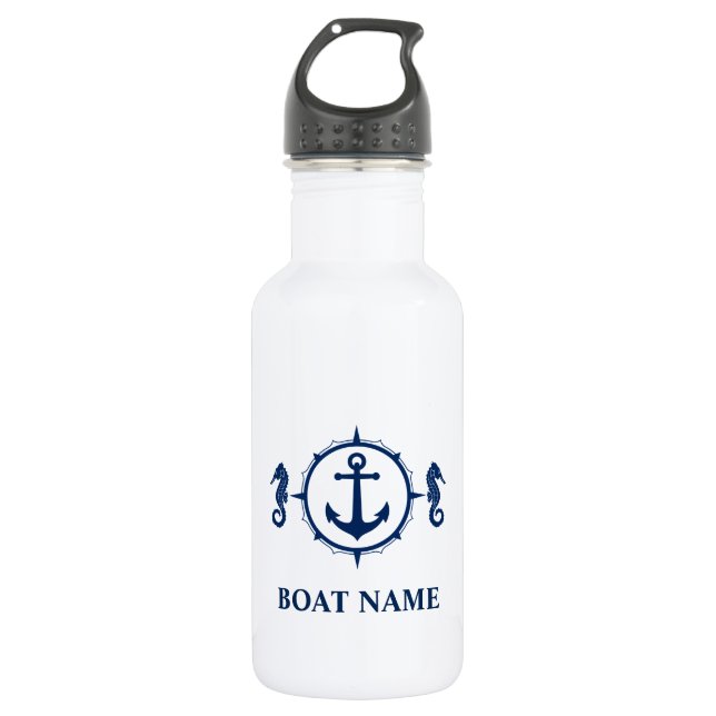 Your Boat Name Blue Seahorse Anchor White 532 Ml Water Bottle (Front)