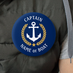Your Boat Name Captain Anchor Gold Laurel Navy 2 Inch Round Button