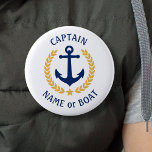 Your Boat Name Captain Anchor Gold Laurel White 2 Inch Round Button<br><div class="desc">A Personalized Button with your boat name, family name or other desired text and Captain title or other rank as needed. Featuring a custom designed nautical boat anchor, gold style laurel leaves and star emblem on white or easily adjust the primary color to match your current theme. Makes a great...</div>