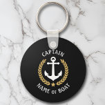 Your Boat Name Captain Anchor Laurel Navy Black Keychain<br><div class="desc">A Personalized Keychain with your boat name, family name or other desired text and Captain title or other rank as needed. Featuring a custom designed nautical boat anchor, gold style laurel leaves and star emblem on black or easily adjust the primary colour to match your current theme. Makes a great...</div>