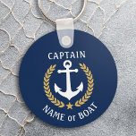 Your Boat Name Captain Anchor Laurel Navy Blue Keychain<br><div class="desc">A Personalized Keychain with your boat name, family name or other desired text and Captain title or other rank as needed. Featuring a custom designed nautical boat anchor, gold style laurel leaves and star emblem on navy blue or easily adjust the primary color to match your current theme. Makes a...</div>
