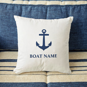 Your Boat Name Classic Anchor Navy Blue and White Throw Pillow