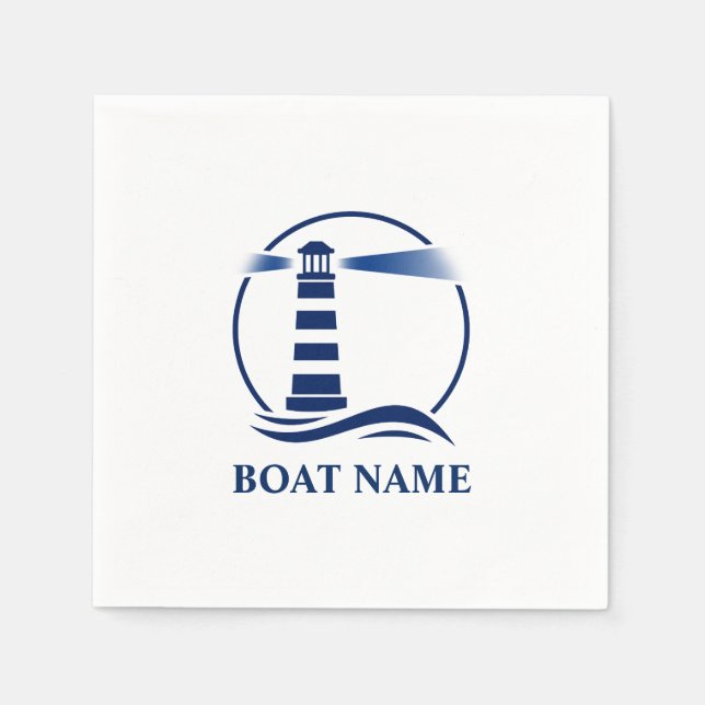 Your Boat Name Classic Lighthouse Navy Blue Napkin (Front)