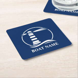 Your Boat Name Classic Lighthouse Navy Blue Square Paper Coaster