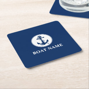 Your Boat Name Classic Rope & Anchor Blue Square Paper Coaster