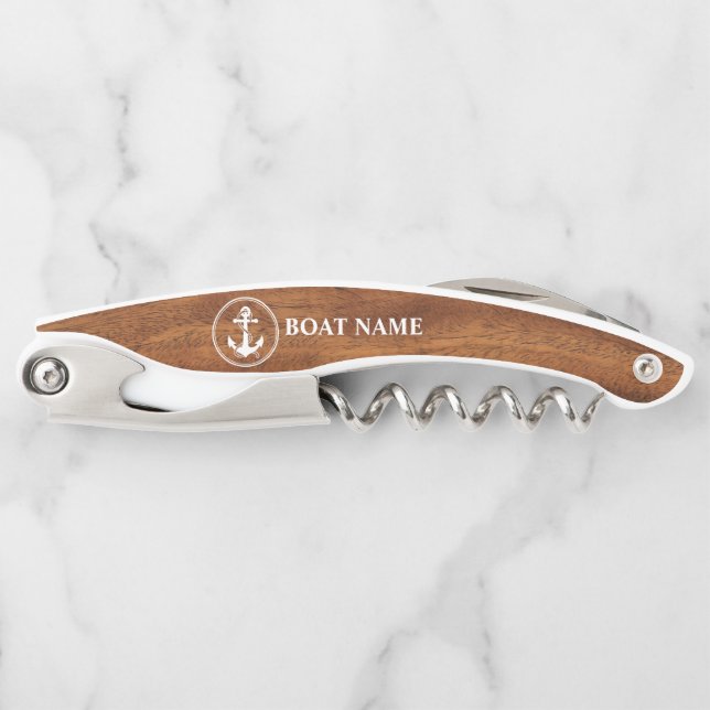 Your Boat Name Classic Rope & Anchor Wood Style Corkscrew (Front)