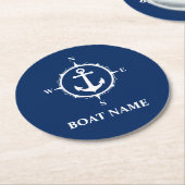 Your Boat Name Compass Anchor Blue Round Round Paper Coaster (Angled)
