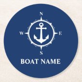 Your Boat Name Compass Anchor Blue Round Round Paper Coaster (Front)