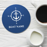 Your Boat Name Compass Anchor Blue Round Round Paper Coaster<br><div class="desc">Your Boat Name Compass Anchor Blue Coaster Round</div>