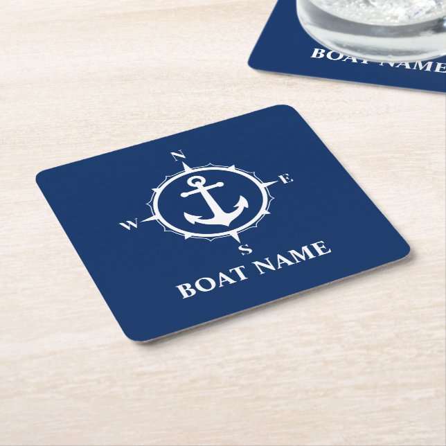 Your Boat Name Compass Anchor Blue Square Square Paper Coaster (Angled)