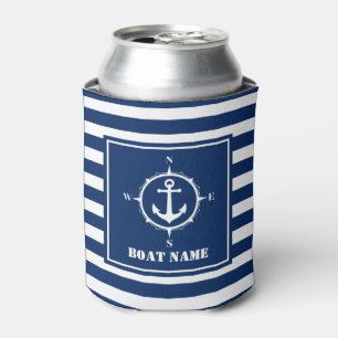 Your Boat Name Compass Anchor Blue Striped Can Cooler