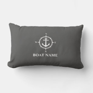 Your Boat Name Compass Anchor Gray Lumbar Pillow