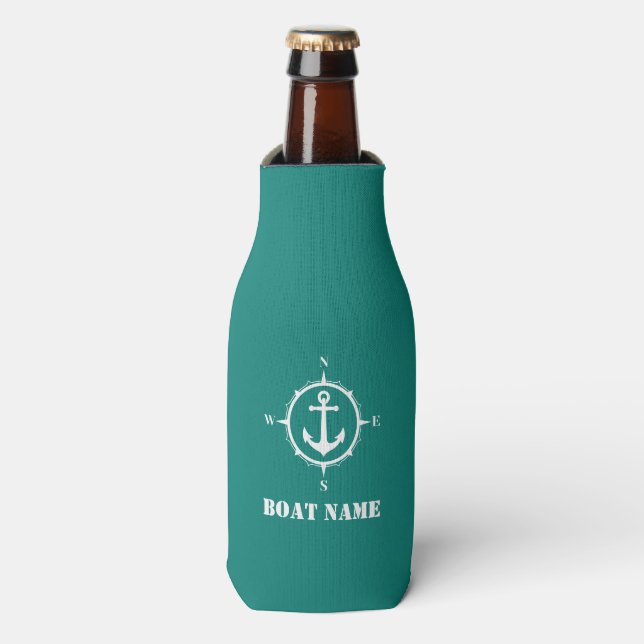 Your Boat Name Compass Anchor Navy Bottle Cooler (Bottle Front)