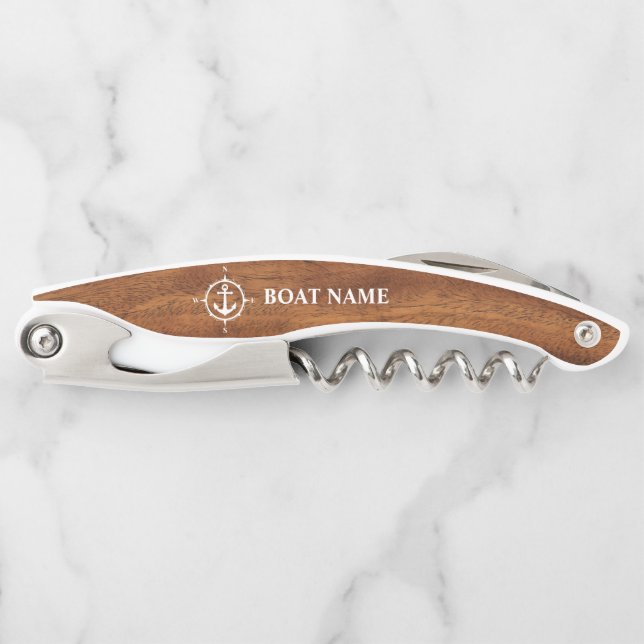 Your Boat Name Compass Anchor Wood Style Corkscrew (Front)