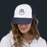 Your Boat Name Nautical Anchor Oars Helm Navy Blue Trucker Hat<br><div class="desc">Custom Designed Nautical Anchor,  Crossed Oars,  Ships wheel - Helm and Stars with Your Personalized Boat Name Captain Title or other Text on a Stylish Trucker Hat.</div>