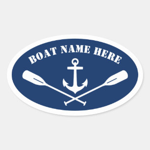 Your Boat Name Nautical Anchor & Oars Navy Blue Oval Sticker