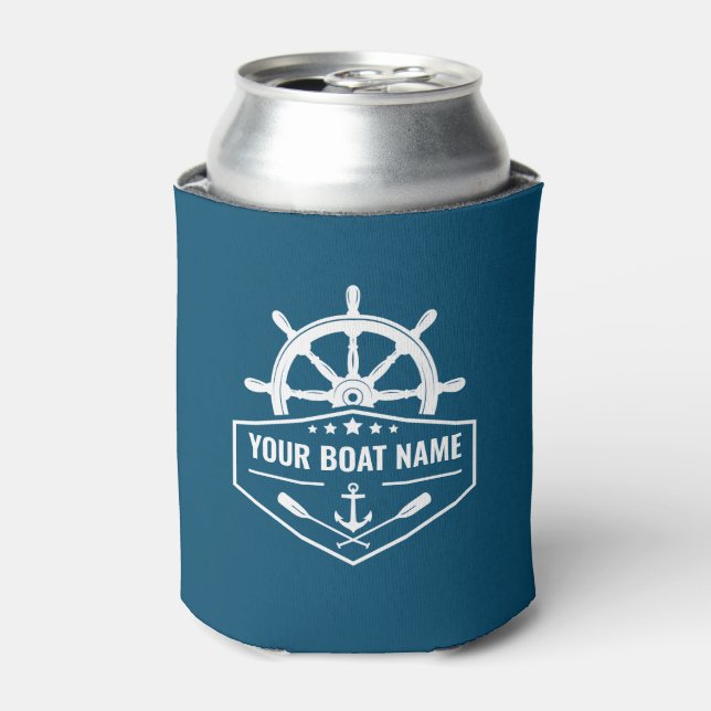 Your Boat Name Nautical Anchor Oars & Ships Wheel Can Cooler (Can Front)