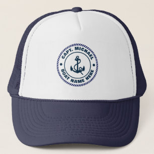 Your Boat Name Nautical Blue white Anchor Captain Trucker Hat