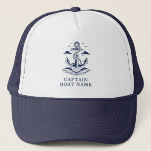 Your Boat Name Nautical Blue white Anchor Captain  Trucker Hat