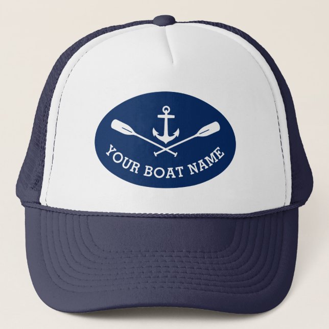 Your Boat Name Nautical Ship Anchor Crossed Oars Trucker Hat (Front)