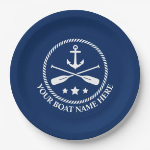 Your Boat Name or Text Anchor & Oars Navy Blue Paper Plate