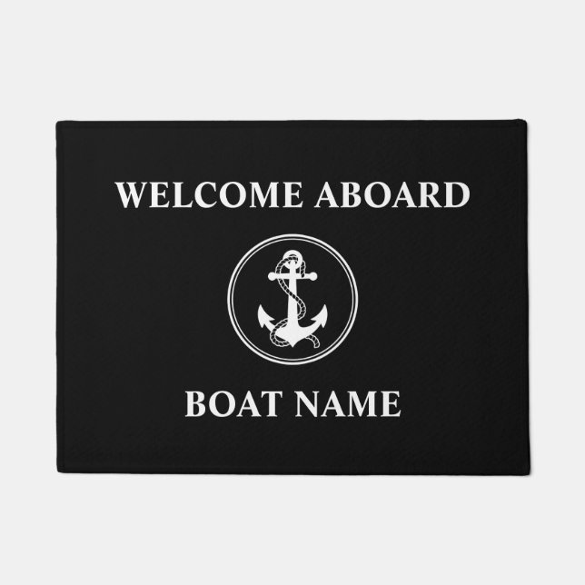 Your Boat Name Rope & Anchor Black Welcome Aboard Doormat (Front)
