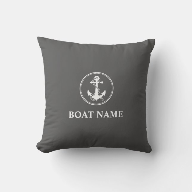 Your Boat Name Rope & Anchor Grey Outdoor Pillow (Front)