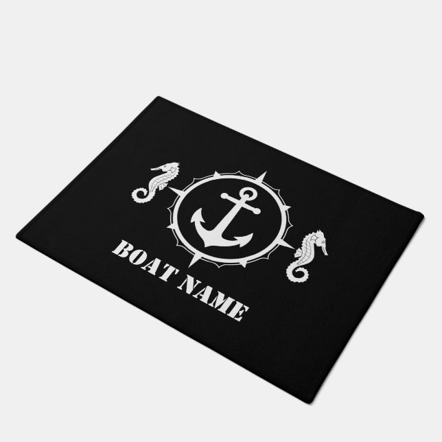 Your Boat Name Seahorse Anchor Black Doormat (Angled)